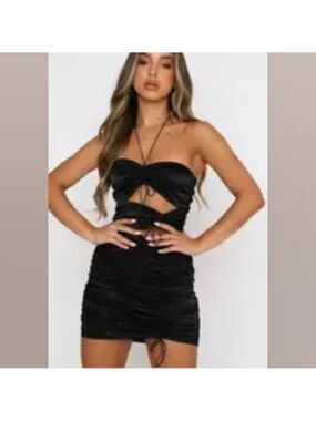 *White Fox Boutique Black Halter Cutout Ruched Bodycon Dress Strapless Mini XS